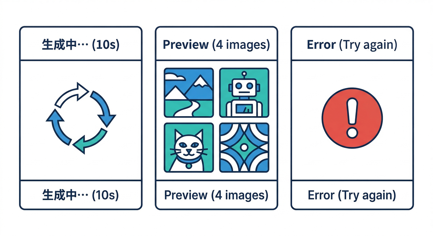 UI states for AI image generation (Loading, Success, Failure)