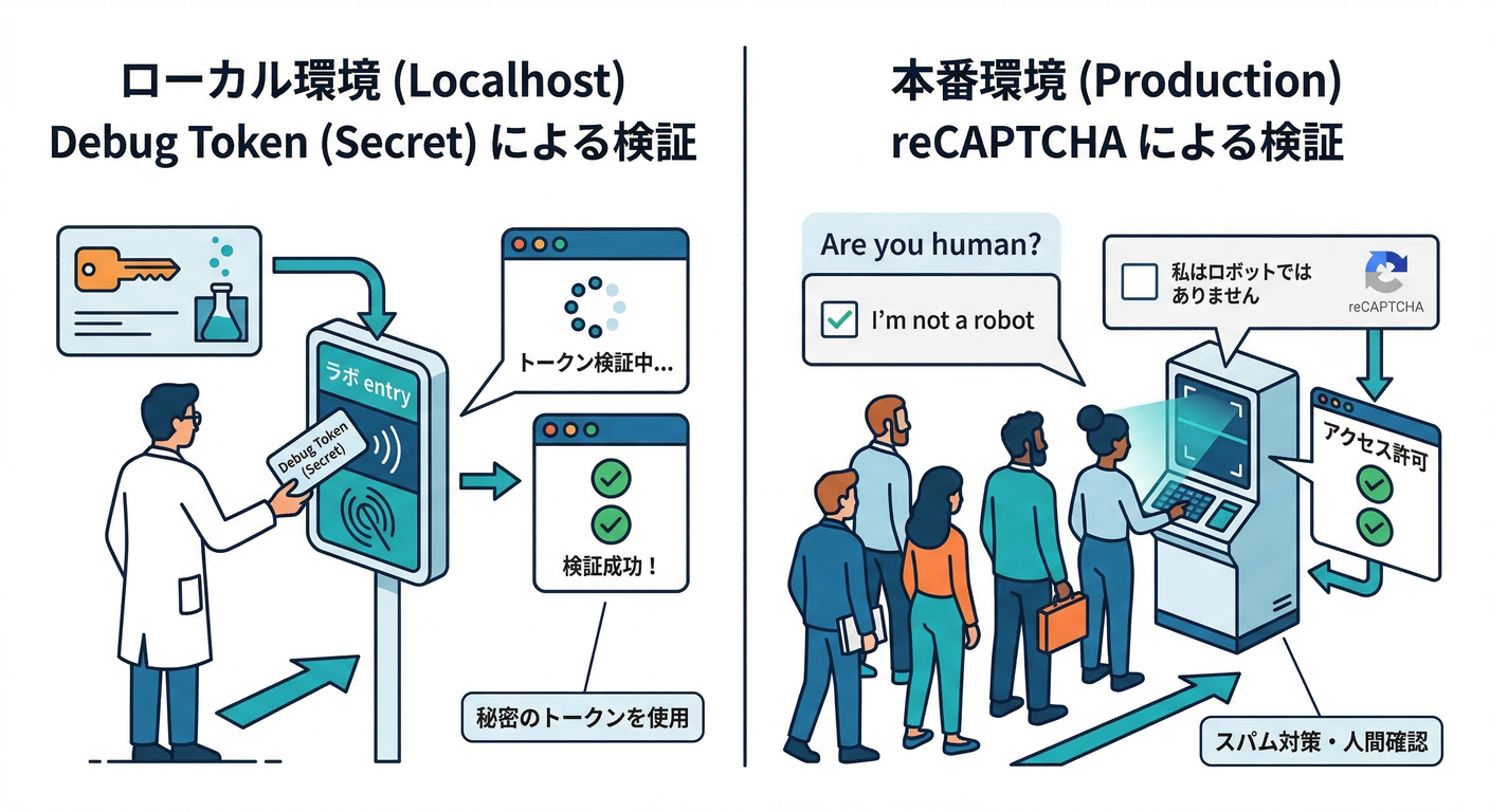 Debug Token (Local) vs reCAPTCHA (Prod)