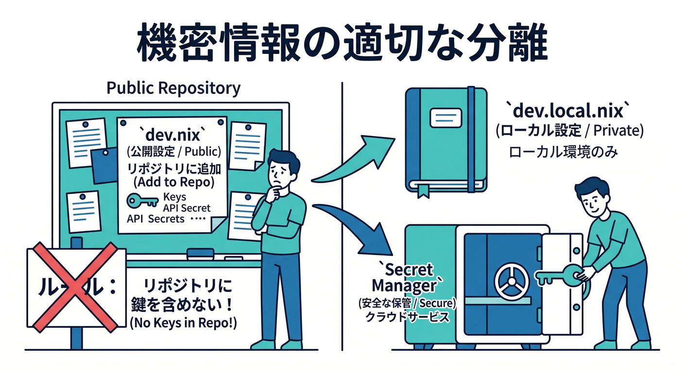 秘密情報の置き場所：dev.local.nix と Secret Manager